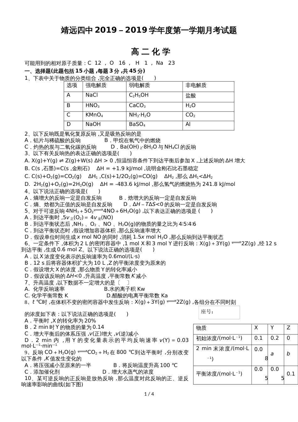 甘肃省靖远县第四中学高二上学期第二次月考化学试题 Word版含答案_第1页