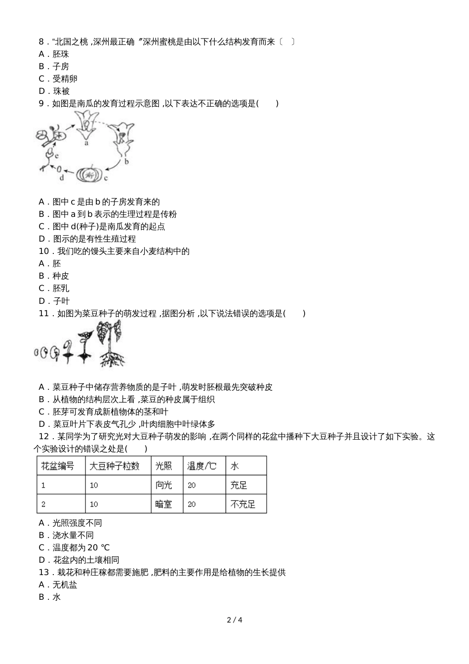 度山东省滕州市鲍沟中学八年级生物上册第一章：绿色开花植物的一生单元检测题（无答案）_第2页