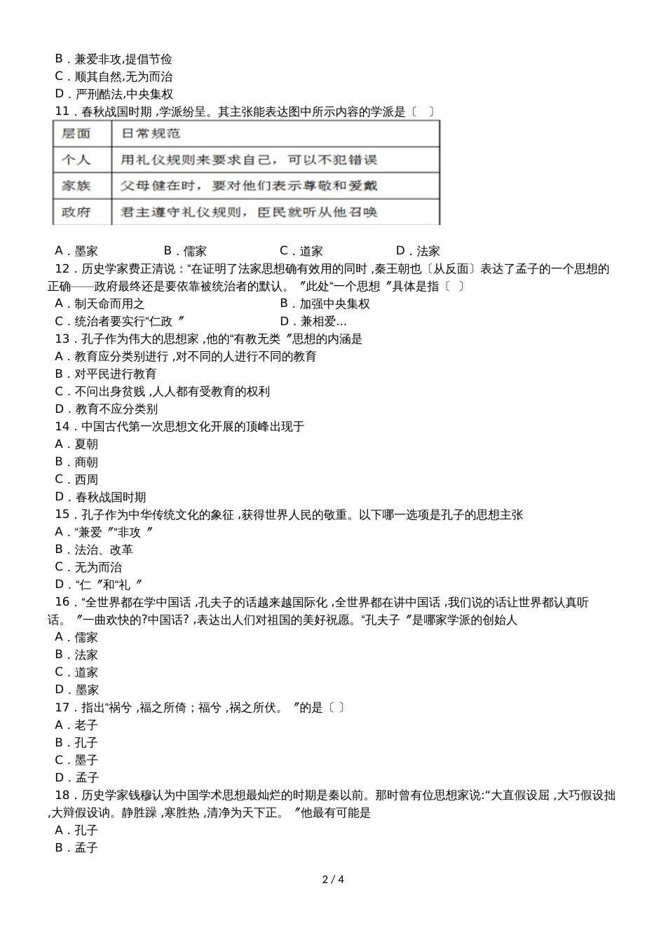 度山东省滕州市鲍沟中学七年级历史上册第二单元：第8课：百家争鸣练习题（无答案）_第2页