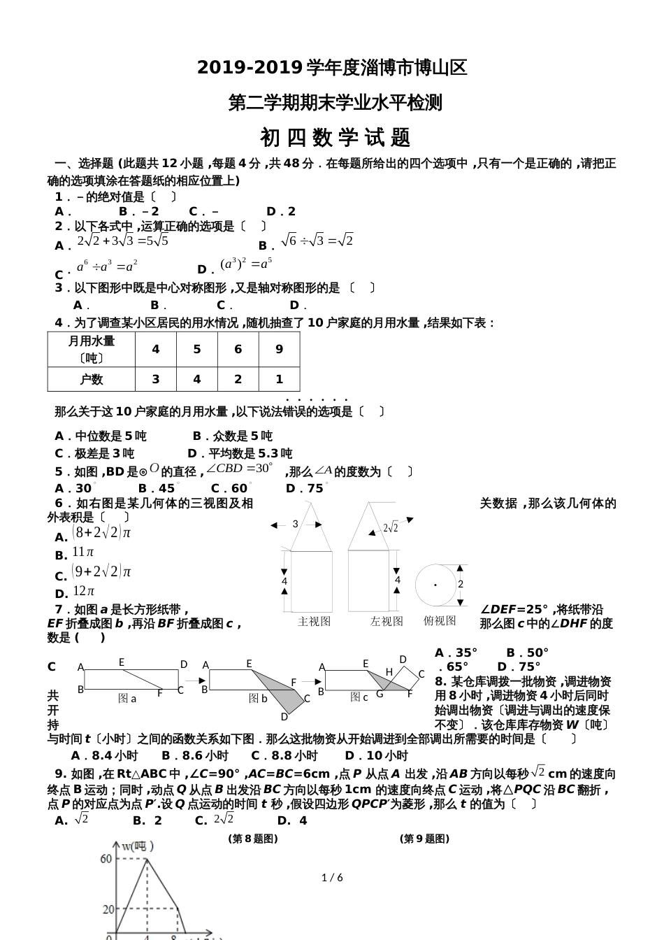 度淄博市博山区九年级第二学期期末学业水平检测_第1页