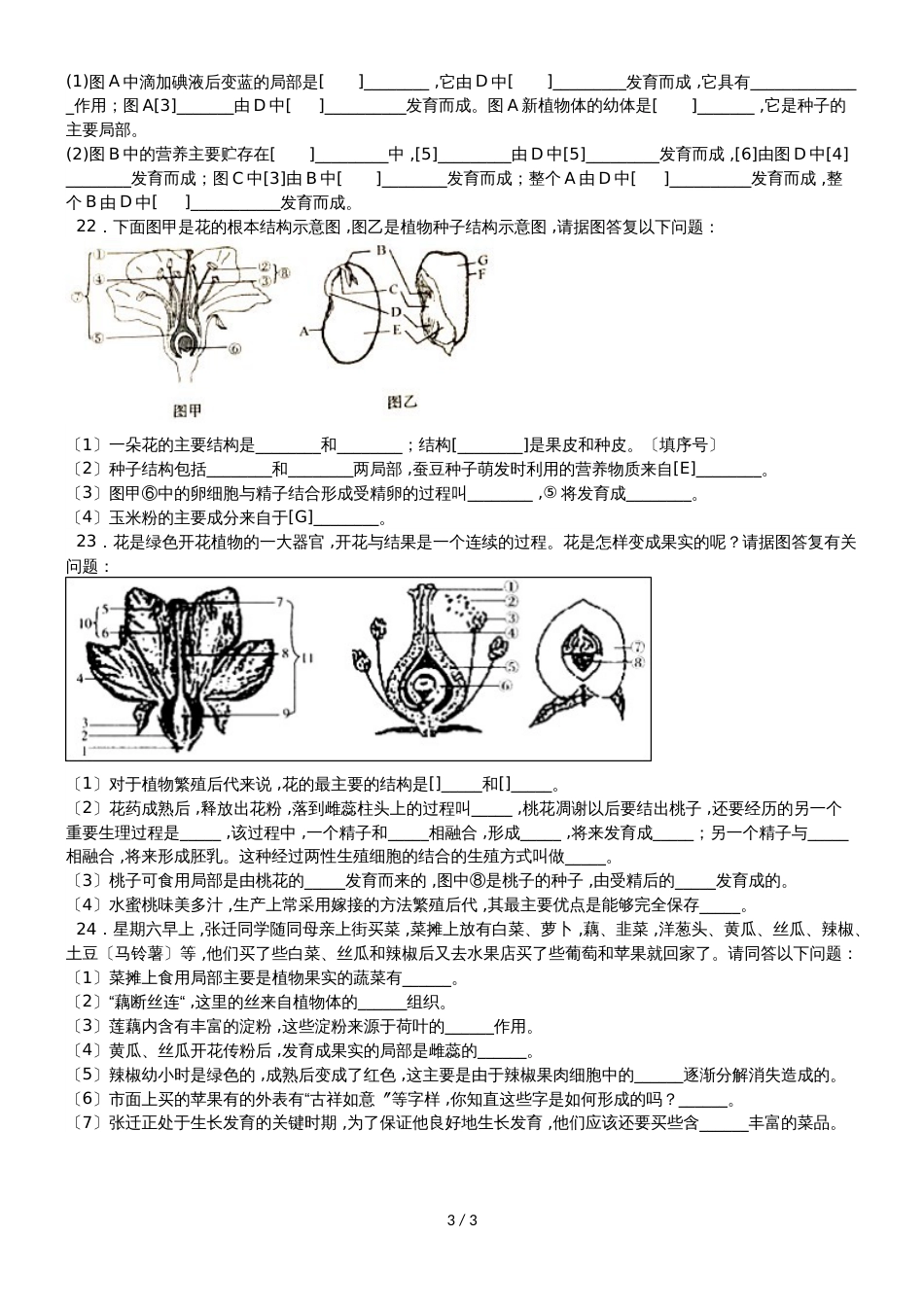 度山东省滕州市鲍沟中学八年级生物上册第一章：第3节：果实和种子的形成练习题（无答案）_第3页