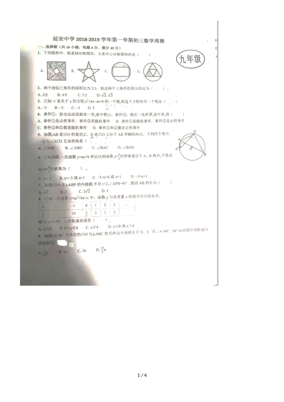 福建省福州市延安中学初三上数学 周测试题 （ 图片版 ）_第1页