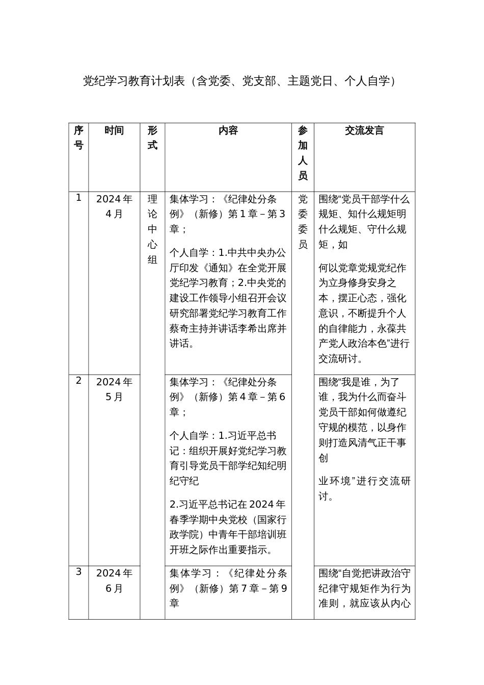 2024年党纪学习教育计划表（含党委、支部、主题党日、个人自学）_第1页