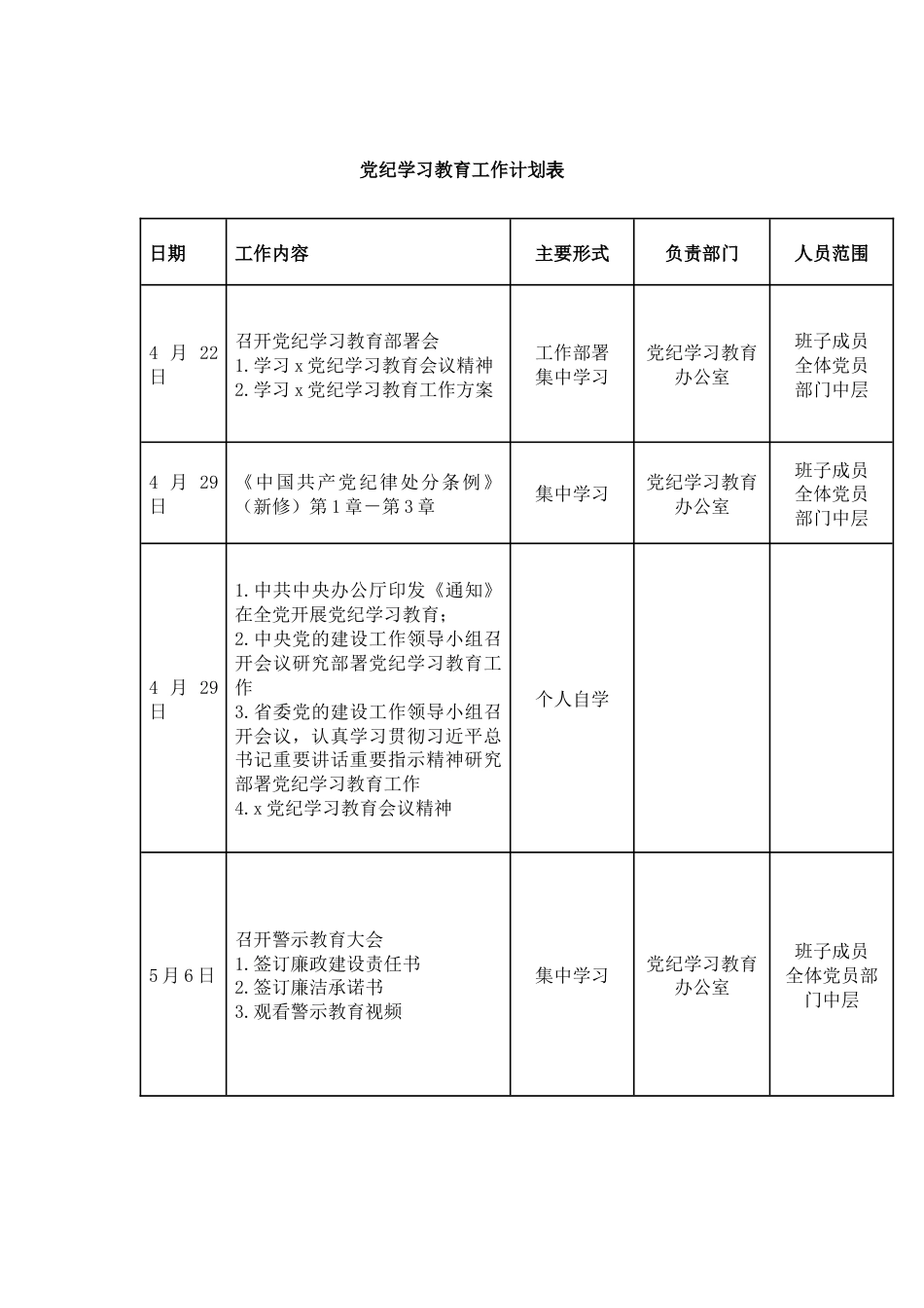 党支部党纪学习教育工作计划安排表日历表表格_第1页