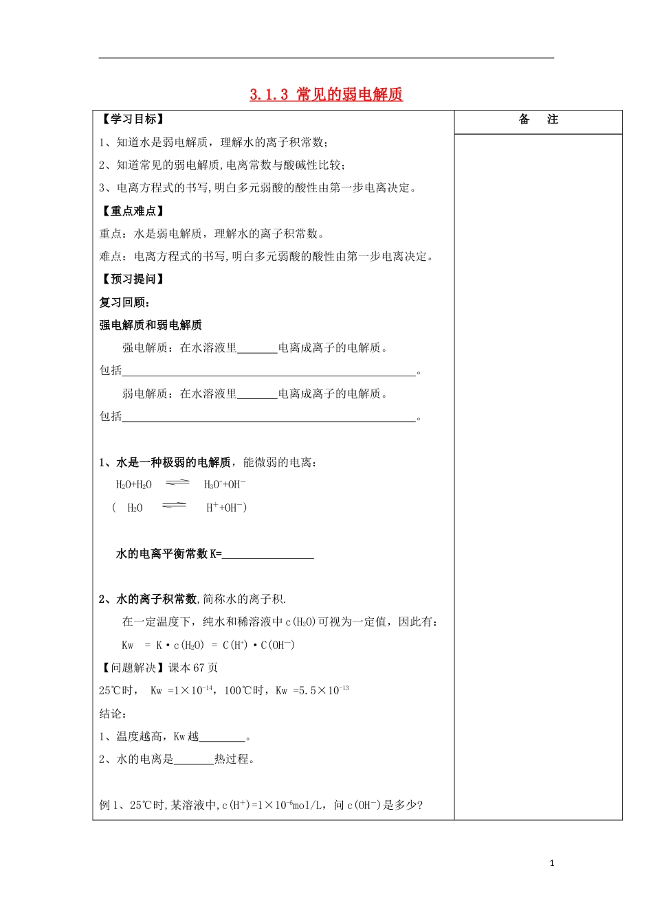 高中化学专题溶液中的离子反应常见的弱电解质导学案苏教选修_第1页