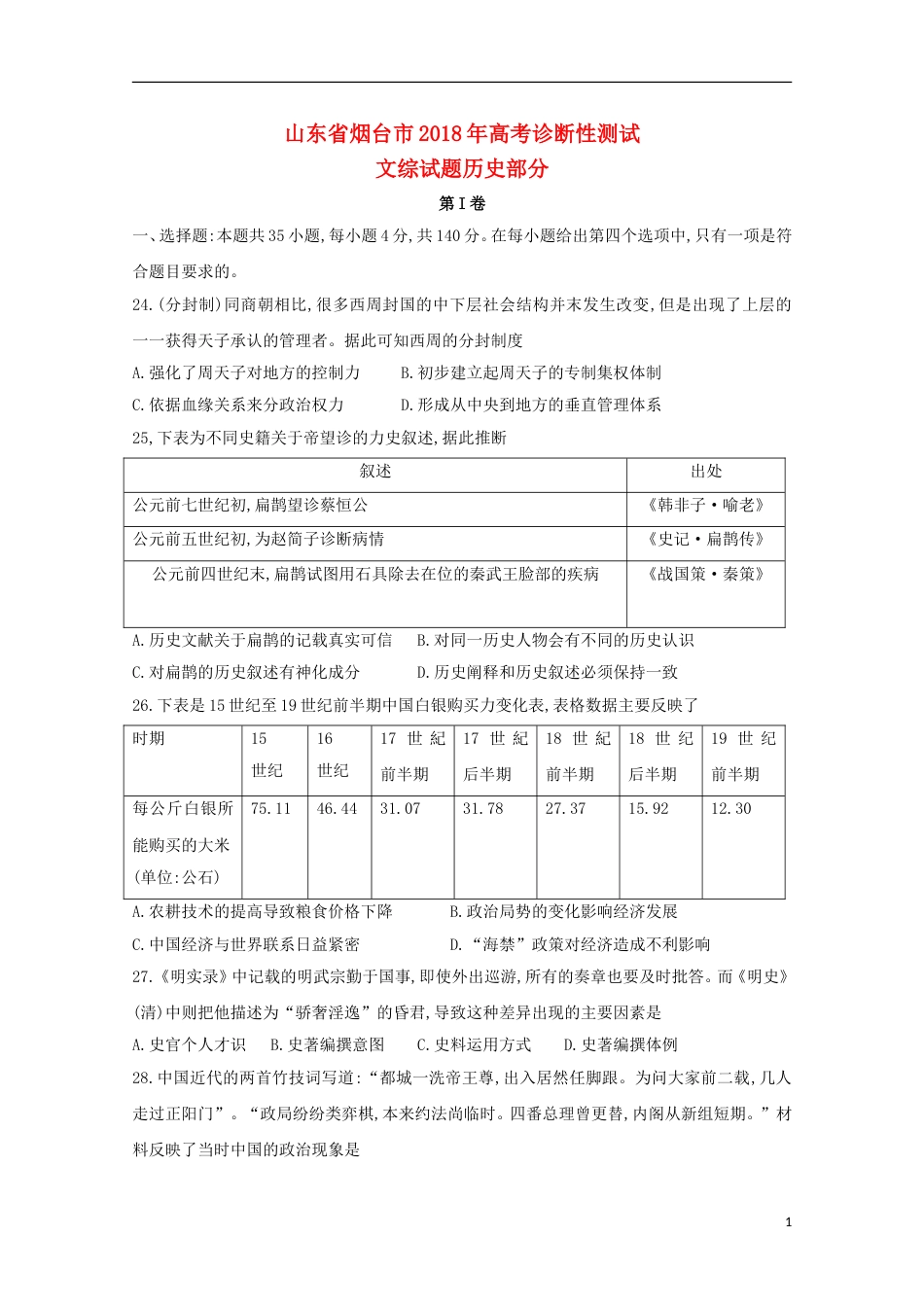 高三文综历史部分下学期诊断性测试试题_第1页