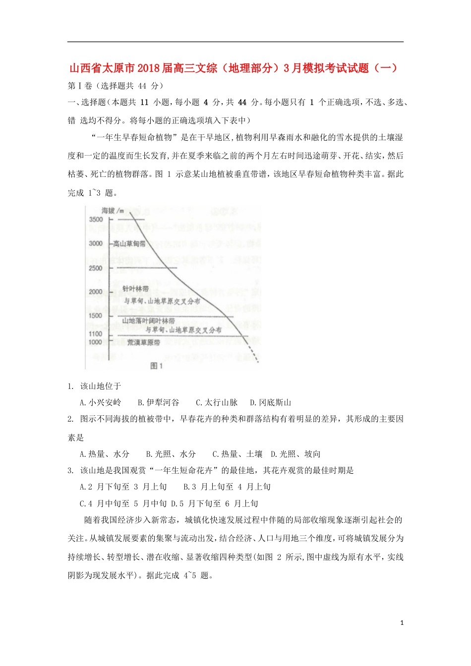 高三文综地理部分月模拟考试试题一_第1页