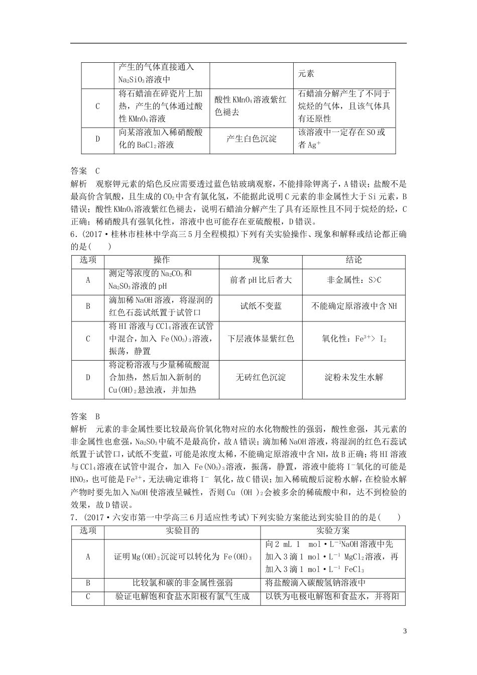 高中化学二轮复习选择题热点题型特训题型十二表格实验分析型[共6页]_第3页