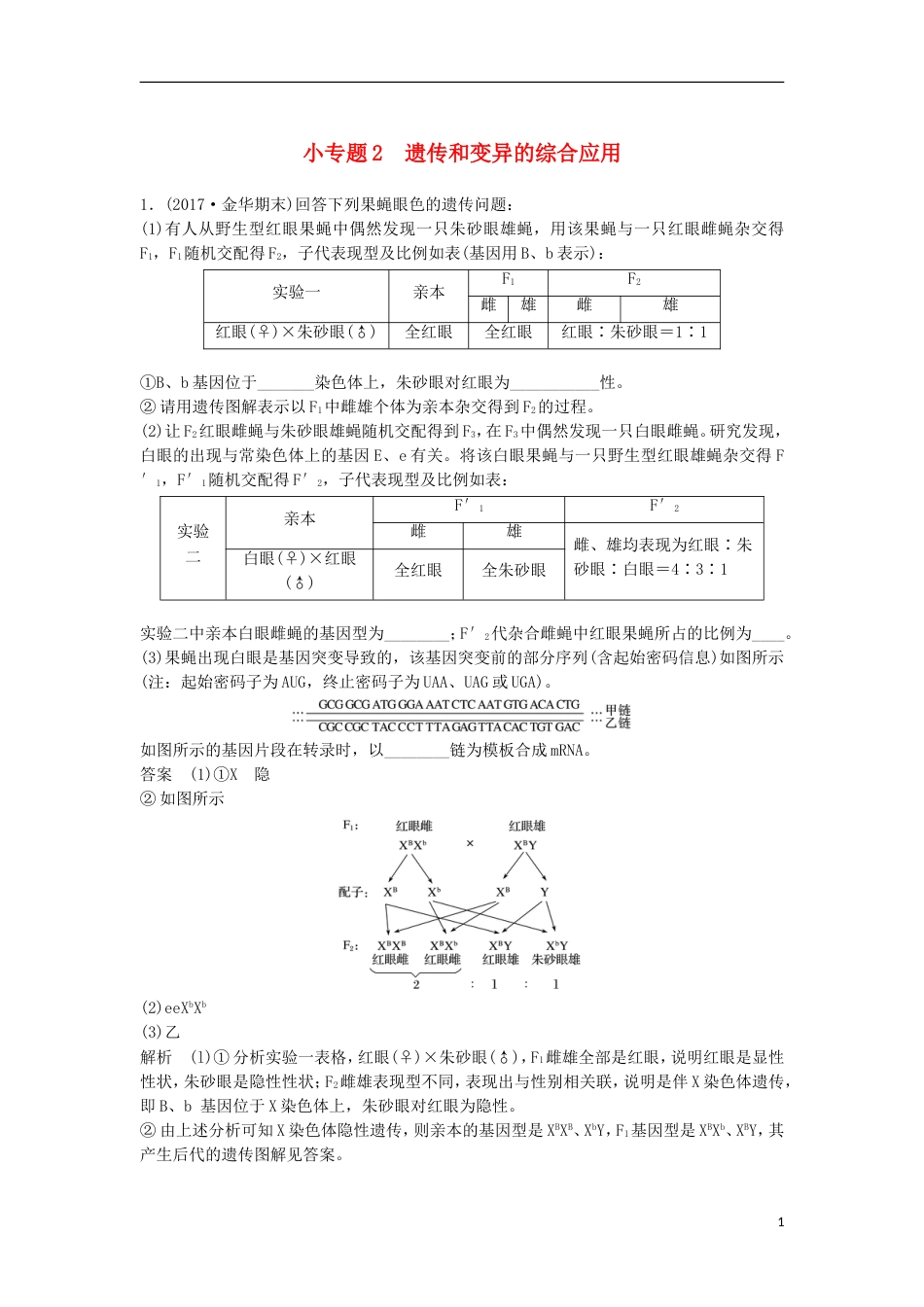 高三生物二轮专题复习题型增分练三必考非选择题题小专题遗传和变异的综合应用新人教_第1页