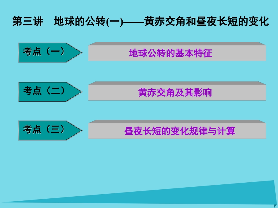 高三地理复习 第一部分 第一章 宇宙中的地球 第三讲 地球的公转一黄赤交角和昼夜长短的变化课件_第1页