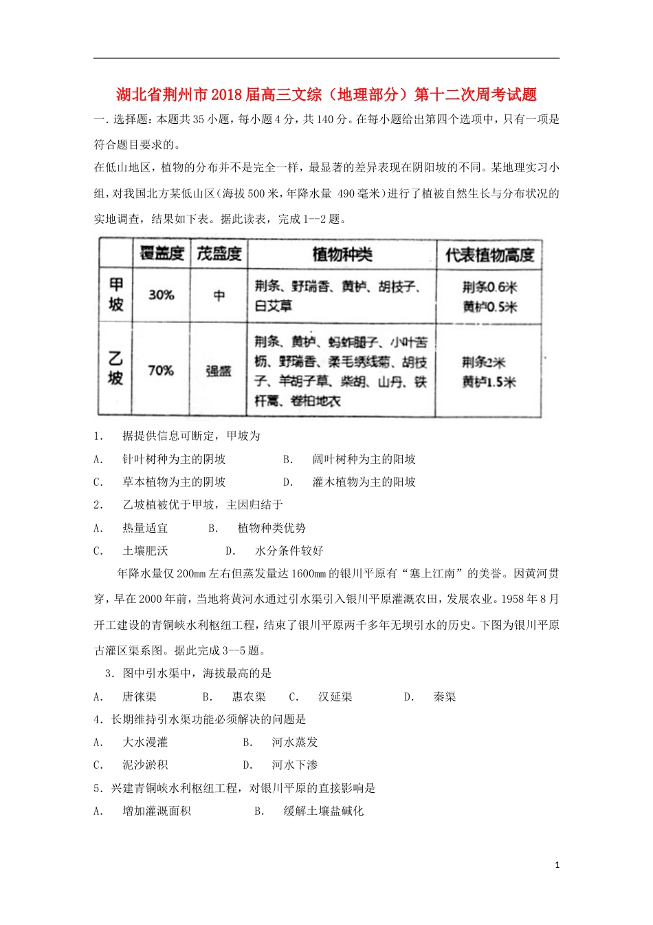高三文综地理部分第十二次周考试题_第1页
