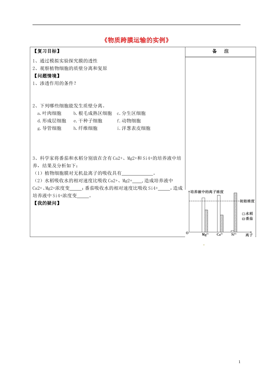 高三生物一轮复习专题物质跨膜运输的实例导学案_第1页