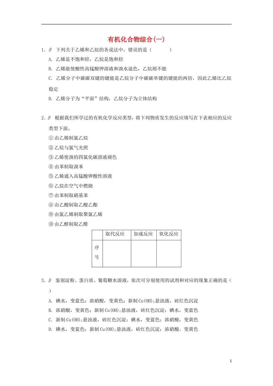 高中化学专题有机化合物的获得与应用有机化合物综合一检测苏教必修_第1页