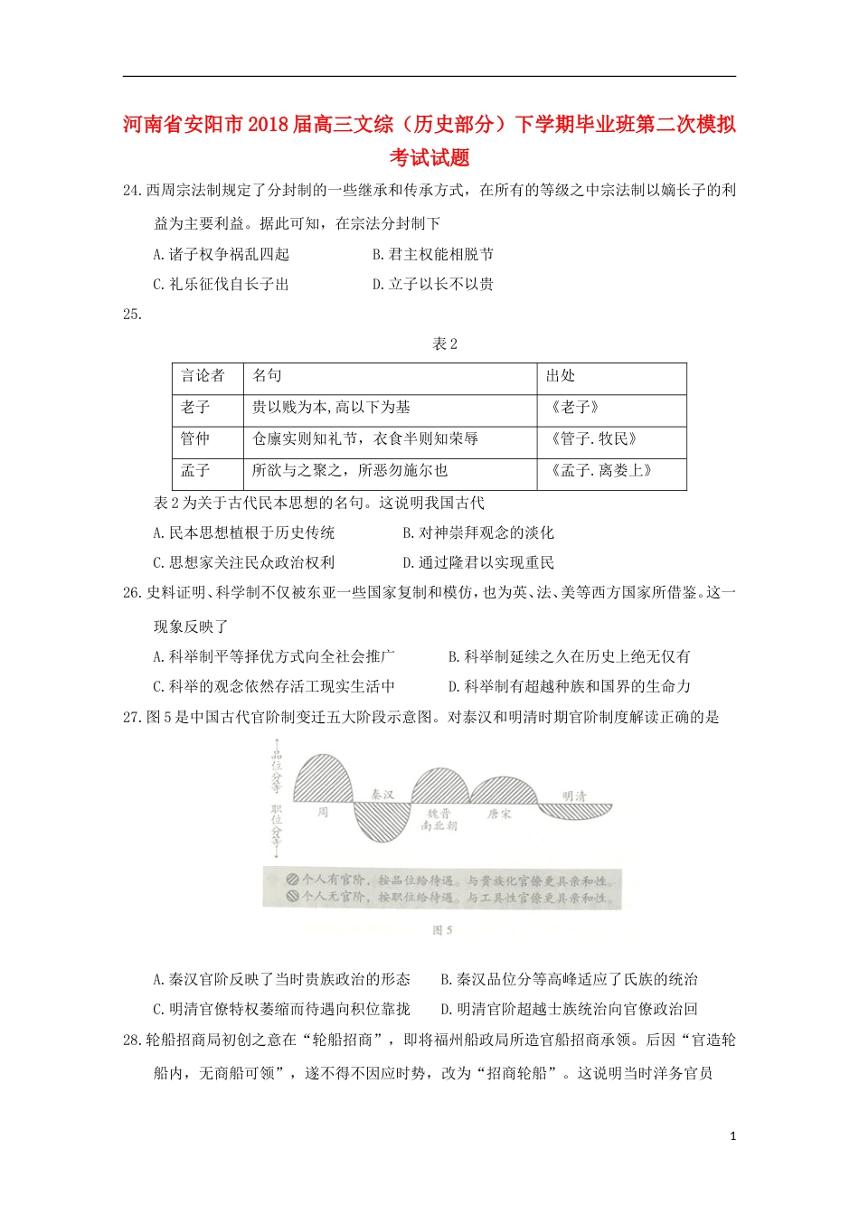 高三文综历史部分下学期毕业班第二次模拟考试试题_第1页