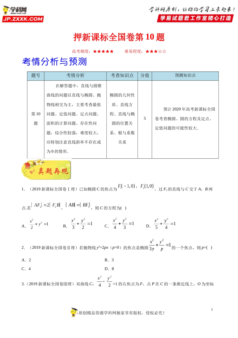 押新课标全国卷第10题备战高考数学（理）临考题号押题（原卷版）_第1页