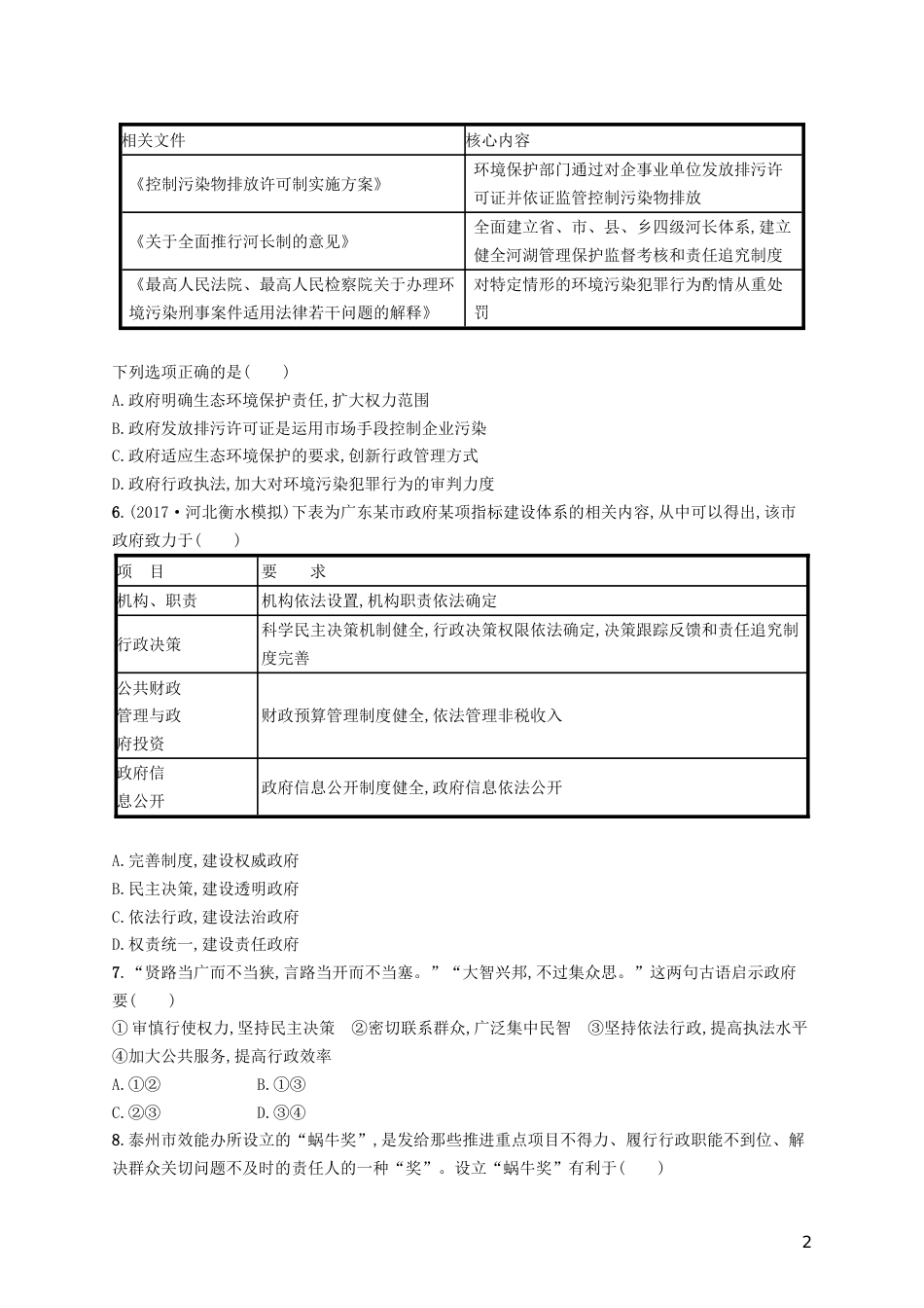 高三政治一轮复习第二单元为人民服务的政府我国政府受人民的监督考点规范练新人教必修_第2页