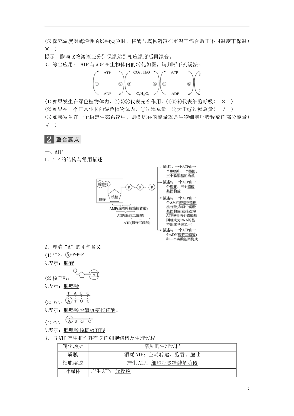 高三生物二轮专题复习专题二ATP酶与物质运输考点ATP与酶学案新人教_第2页