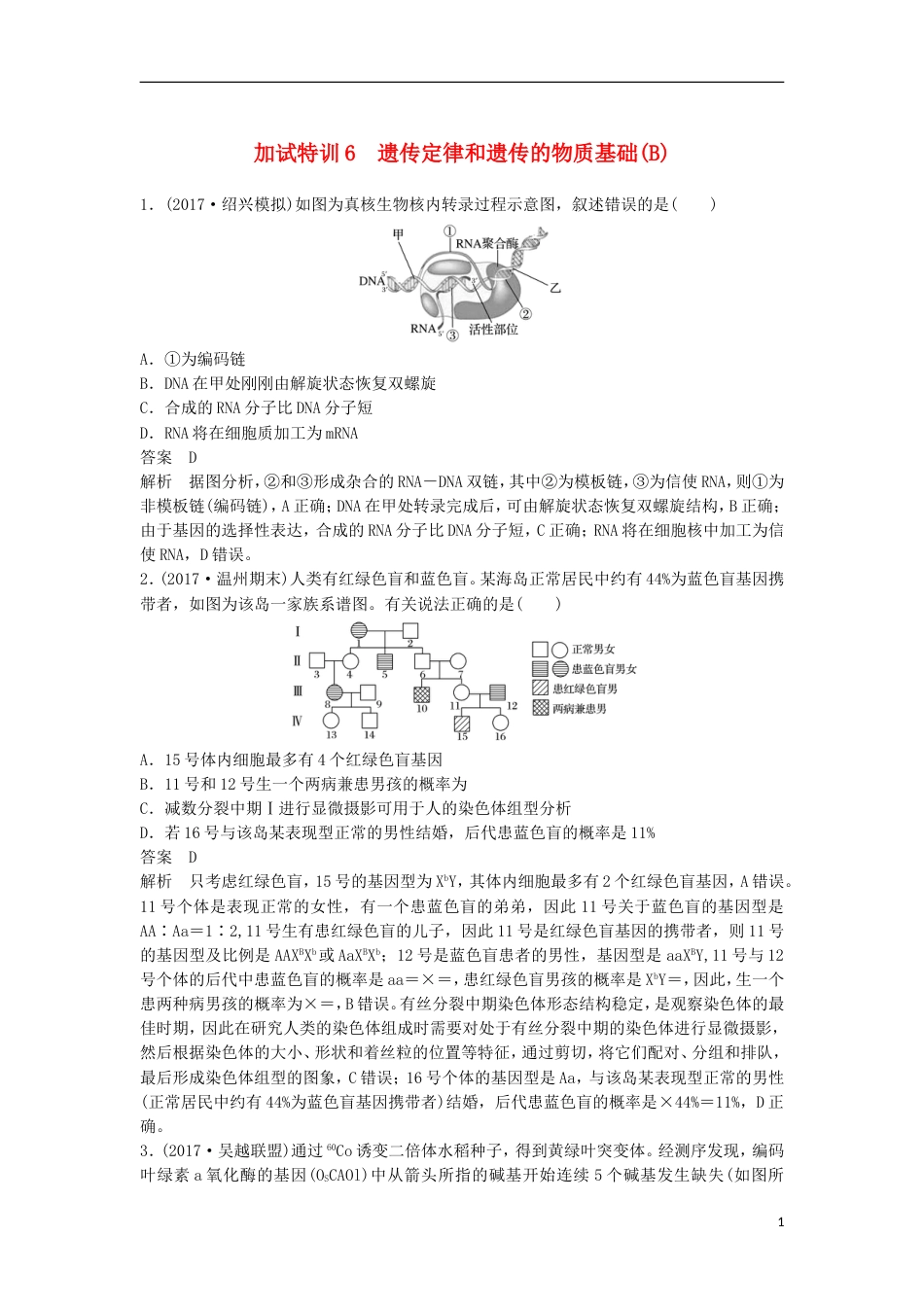 高三生物二轮专题复习题型增分练二加试选择题题加试特训遗传定律和遗传的物质基础B新人教_第1页