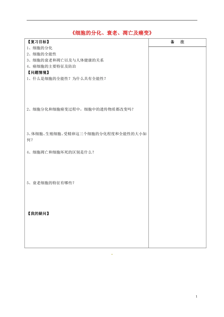 高三生物一轮复习专题细胞的分化衰老凋亡及癌变导学案_第1页