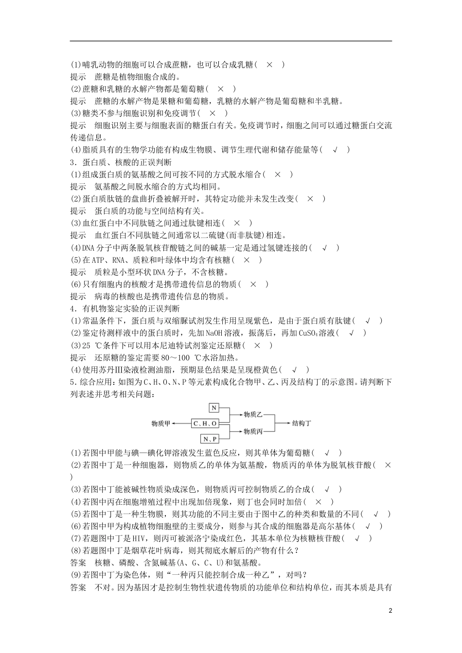 高三生物二轮专题复习专题一细胞的分子组成和基本结构考点细胞的分子组成学案新人教_第2页