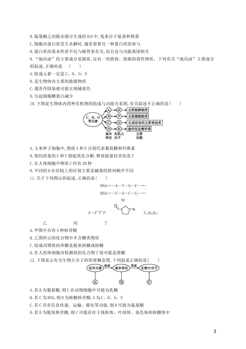高三生物二轮复习专题能力训练一专题一细胞的分子组成和结构专题训练新人教_第3页