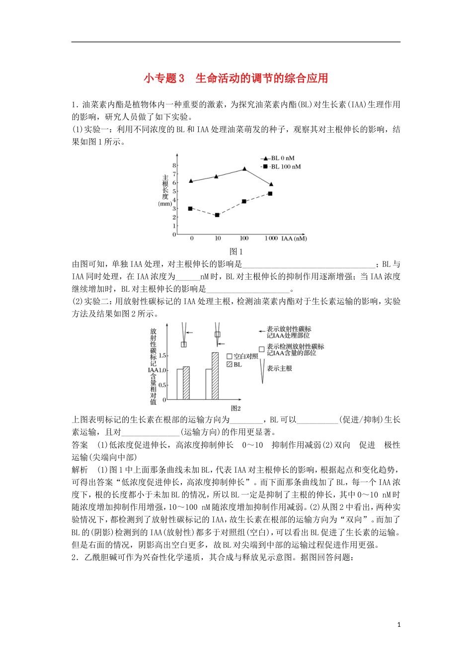 高三生物二轮专题复习题型增分练三必考非选择题题小专题生命活动的调节的综合应用新人教_第1页