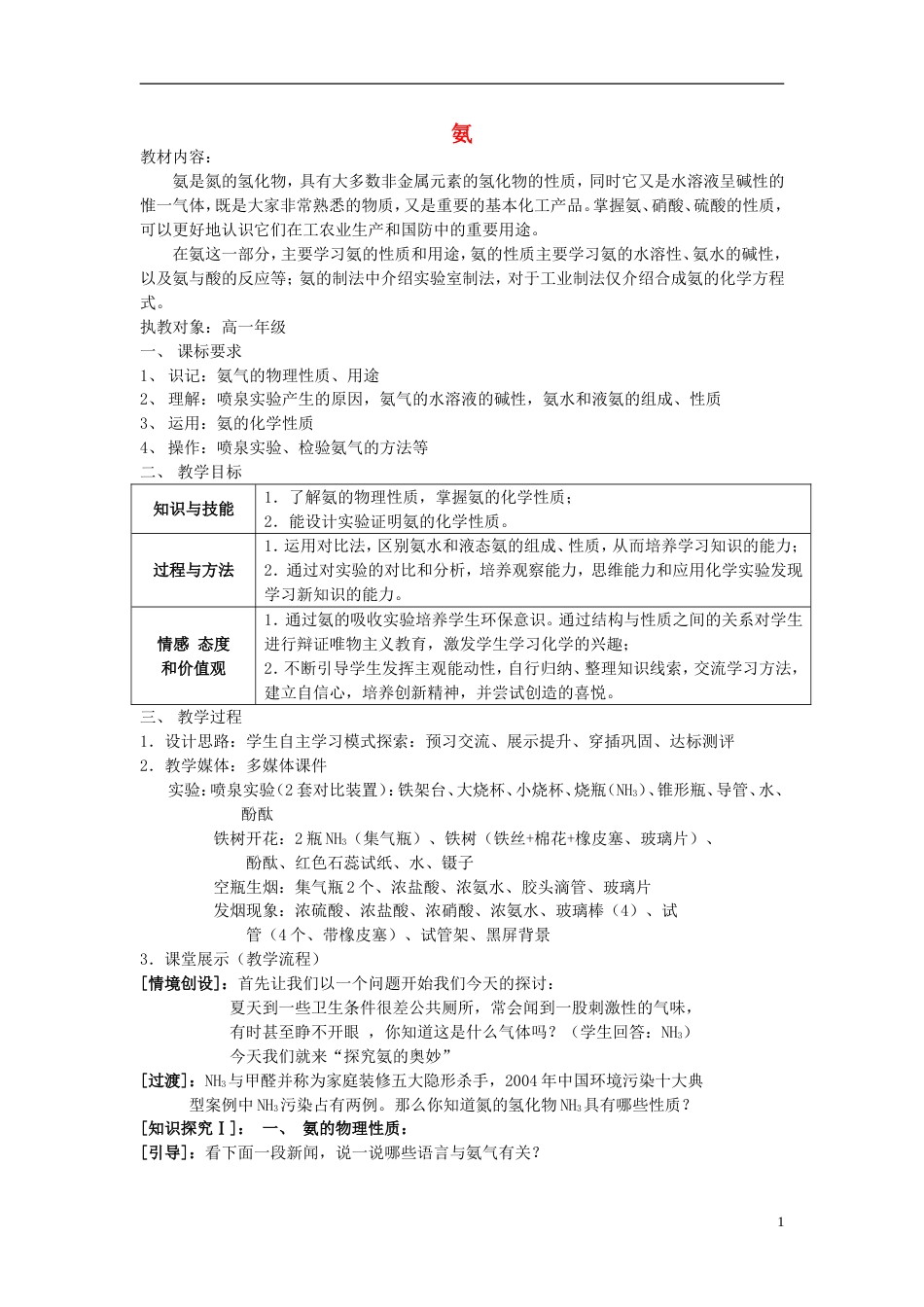 高中化学专题4硫氮和可持续发展4.2氨教学设计苏教版必修1_第1页