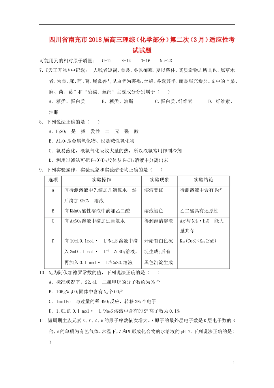 高三理综化学部分第二次月适应性考试试题_第1页