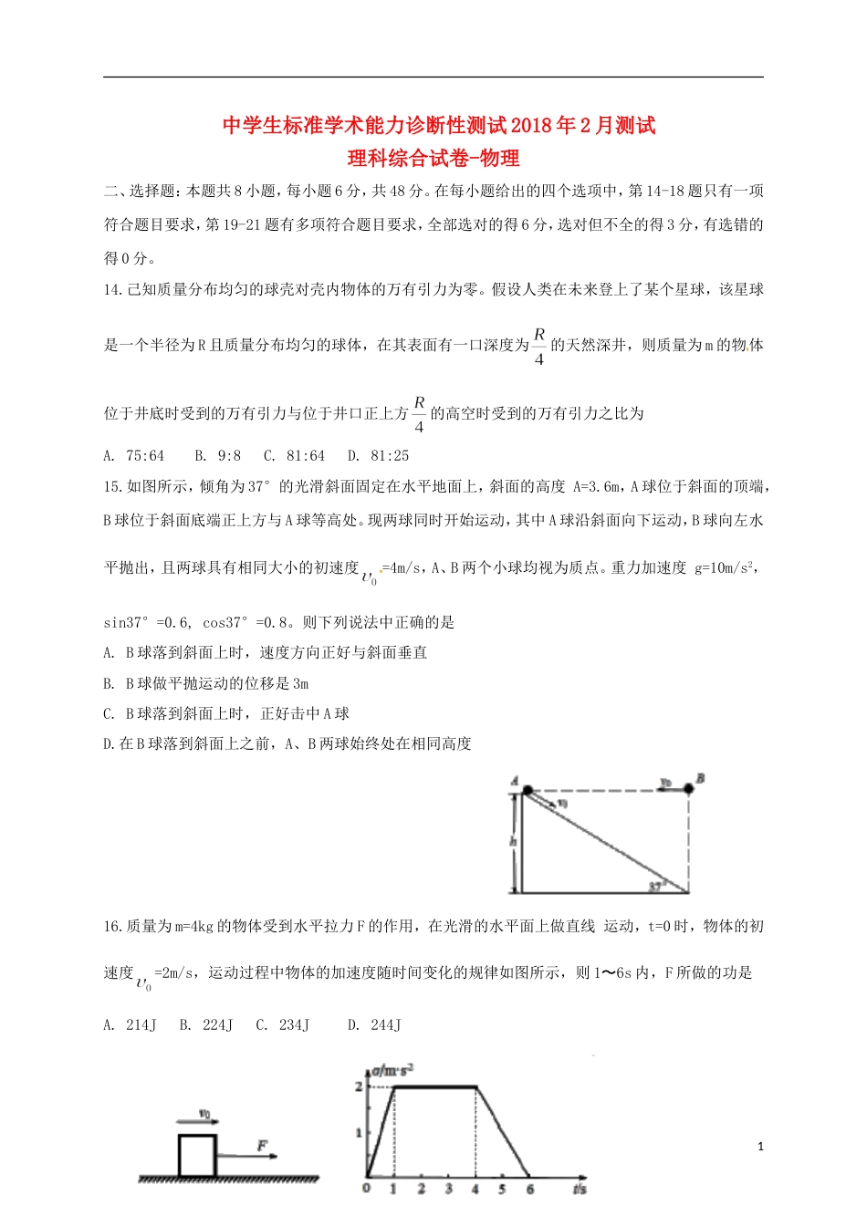 高三物理中学生标准学术能力诊断性测试月试题_第1页