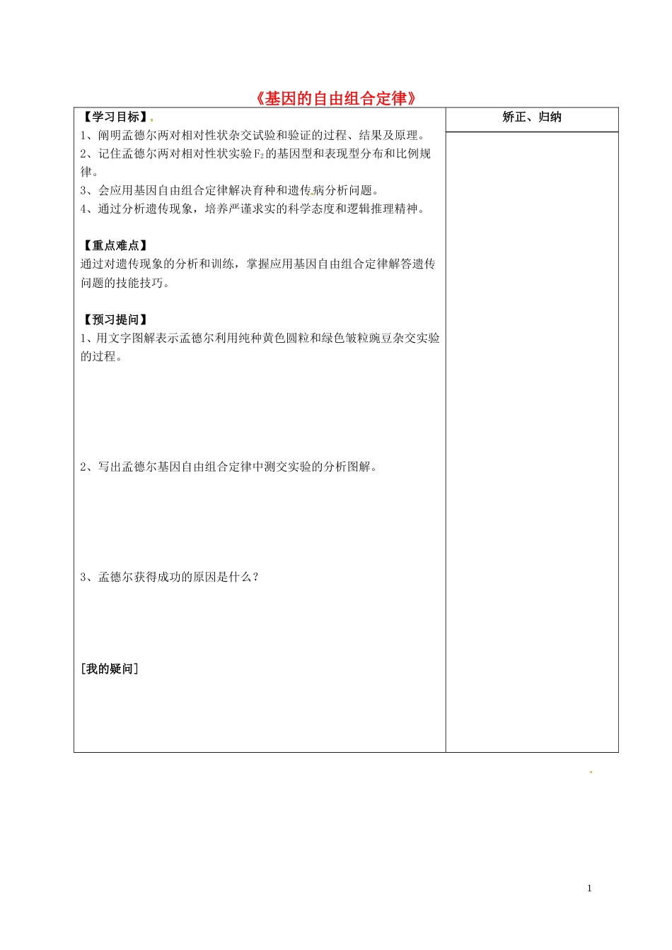 高三生物一轮复习专题基因的自由组合定律导学案_第1页