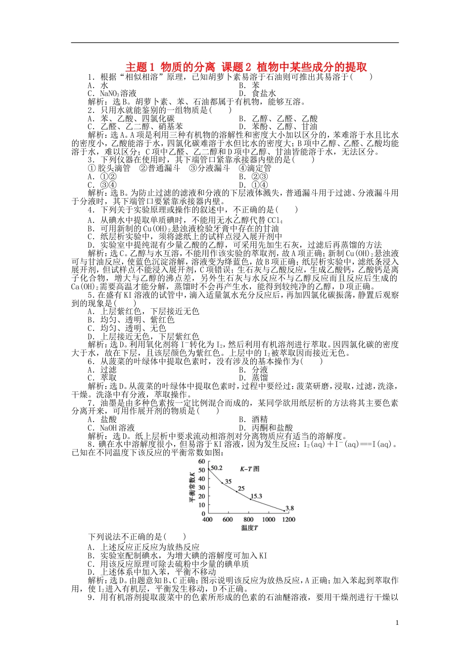 高中化学主题物质的分离课题植物中某些成分的提取练习鲁科选修_第1页