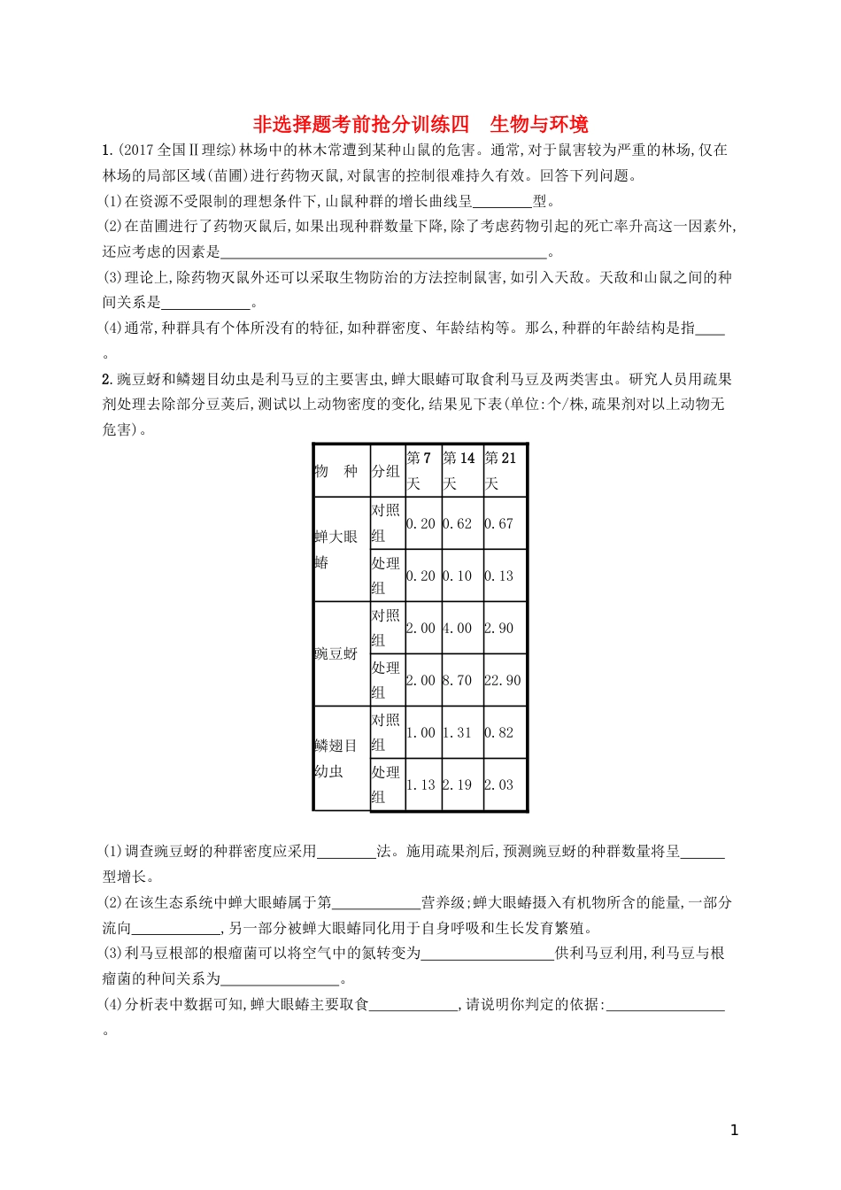 高三生物二轮复习非选择题考前抢分训练四生物与环境专题训练新人教_第1页