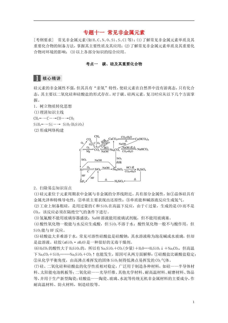 高中化学二轮复习专题十一常见非金属元素练习_第1页