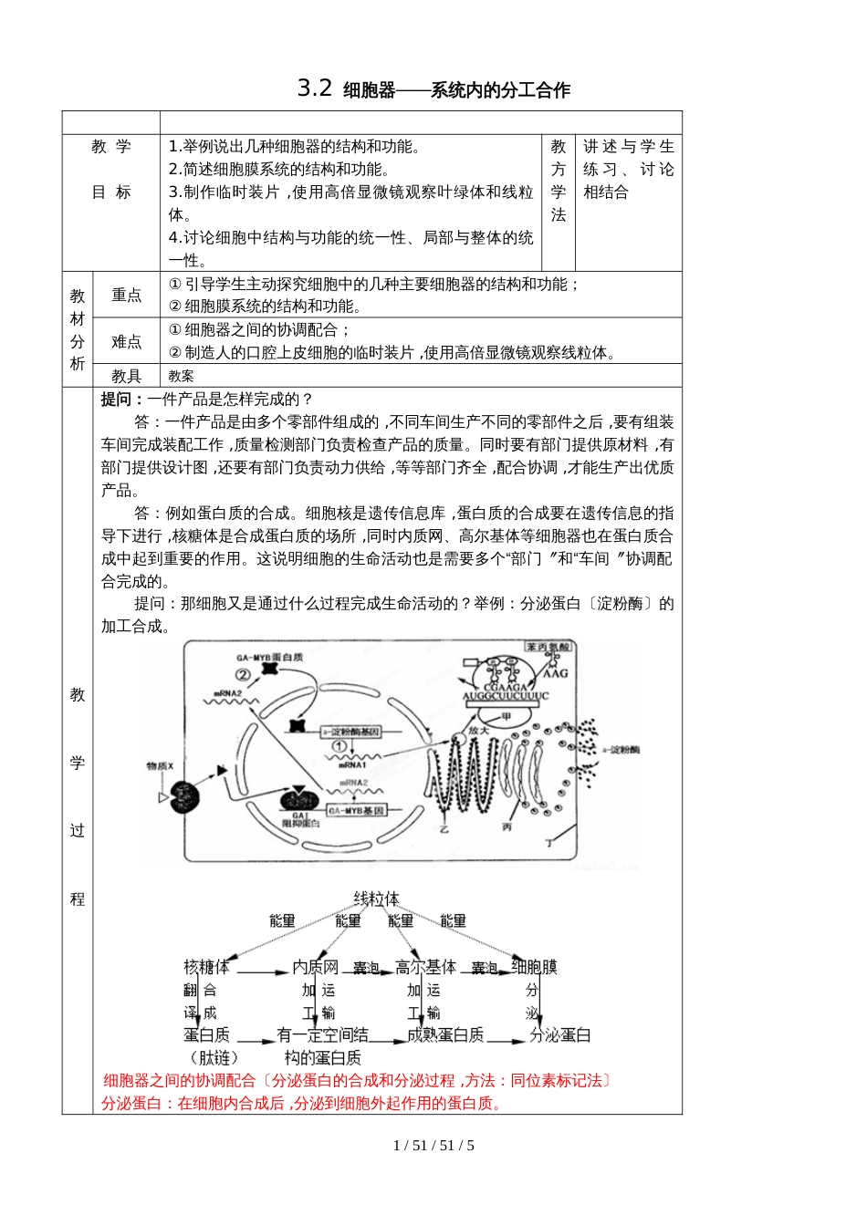 高一生物必修一第三章第2节细胞器系统内的分工合作教案_第1页