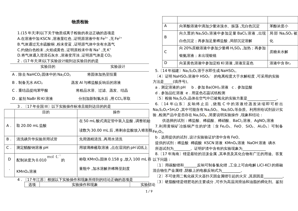 高三化学总复习离子检验专题练习（含答案）_第1页