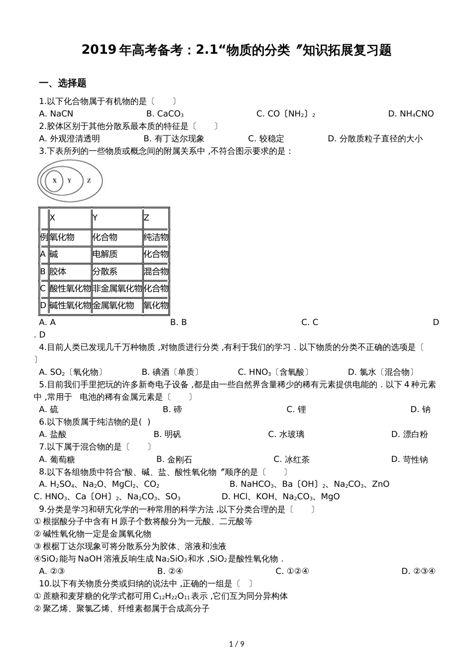 高考备考：2.1“物质的分类”知识拓展复习题（含答案与解析）_第1页