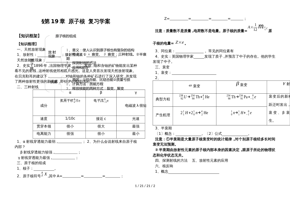 高二物理人教版选修35第十九章：19原子核复习学案（无答案）_第1页