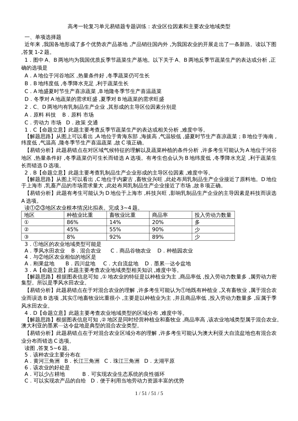 高考一轮复习单元易错题专题训练：农业区位因素和主要农业地域类型_第1页