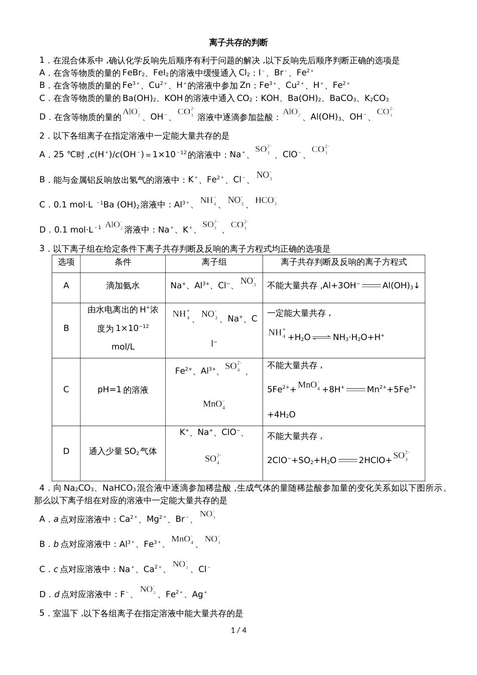 高考化学一轮重要考点练习卷：离子共存的判断_第1页