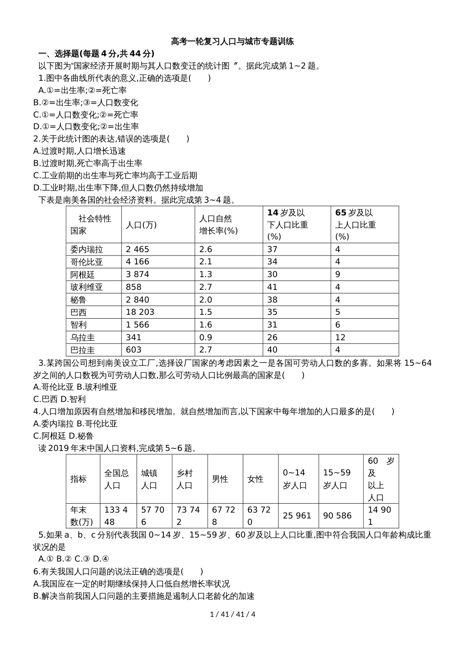 高考一轮复习人口与城市专题训练_第1页