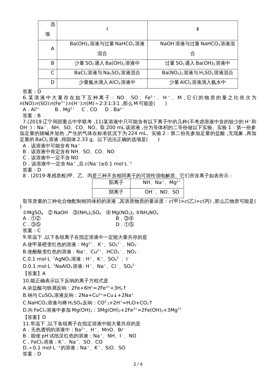 高三化学专题能力训练卷：离子共存与离子方程式_第2页