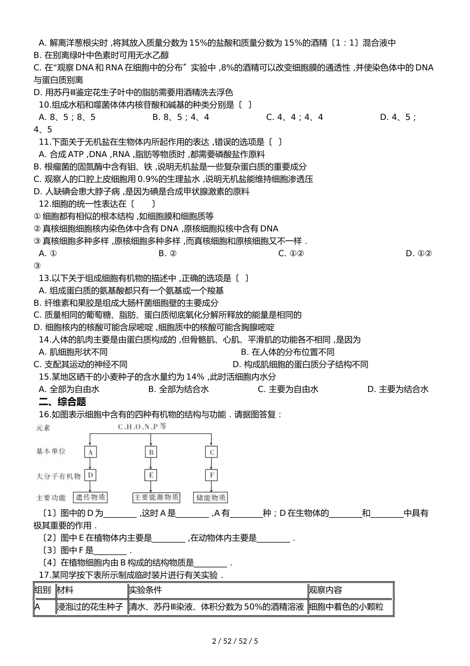 高考生物专题练习：细胞的分子组成（无答案）_第2页