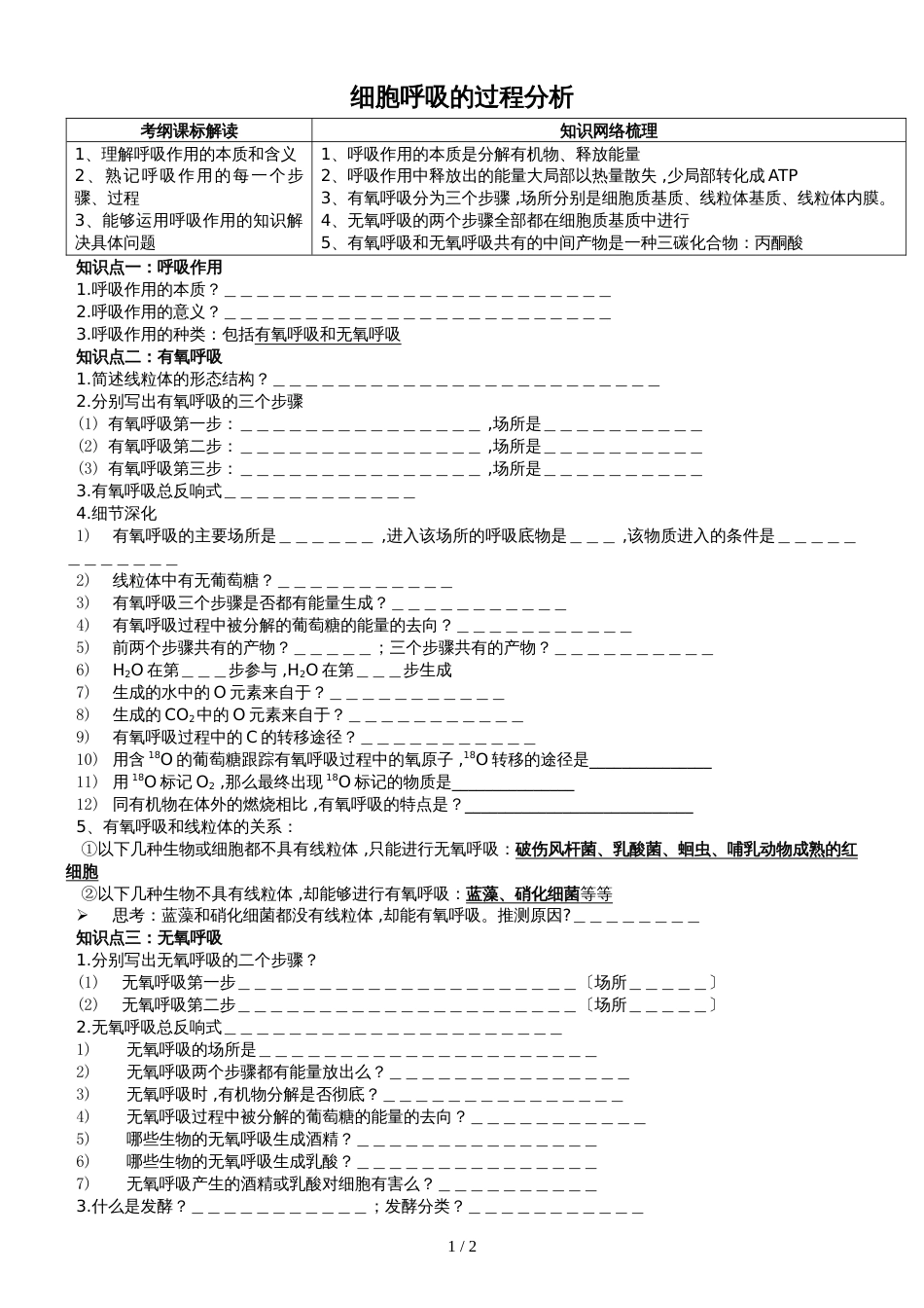 高三生物（必修1）一轮复习   细胞呼吸过程分析_第1页