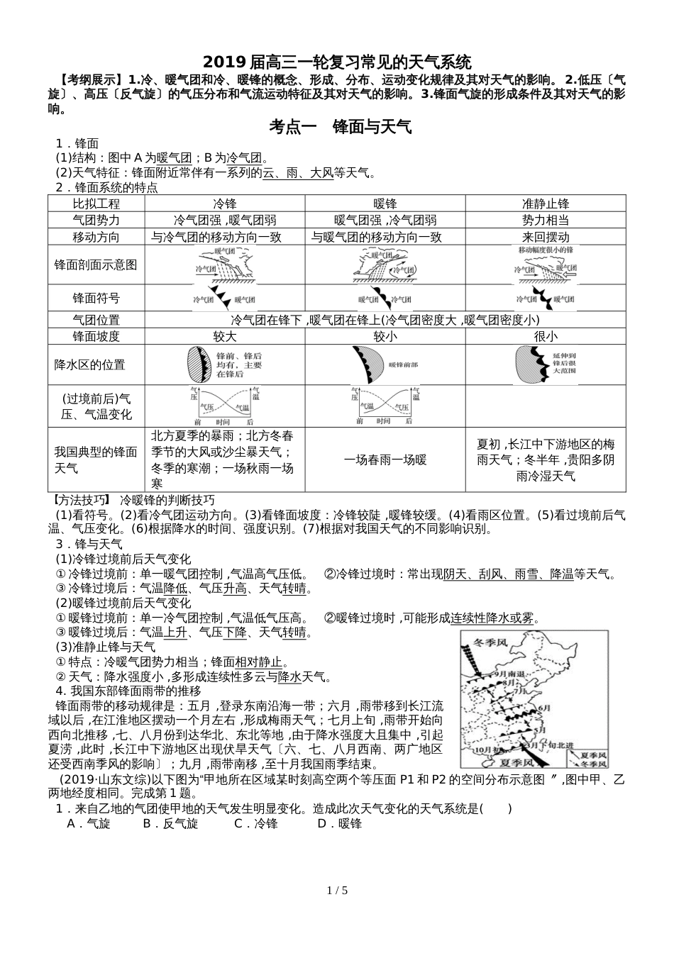 高考高三地理一轮复习常见的天气系统讲义（经典打印版）_第1页