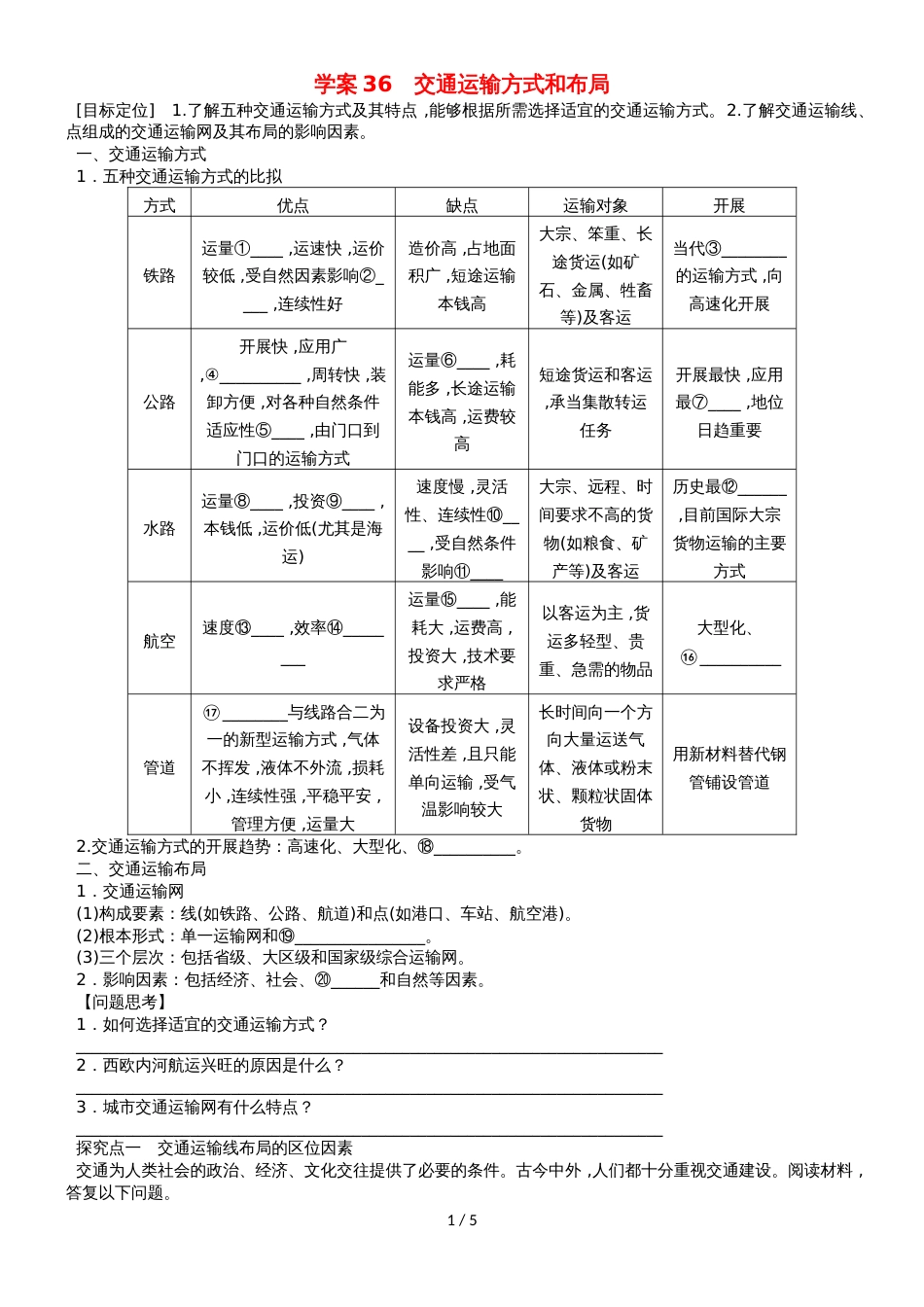 高考地理总复习 第十单元 交通运输布局及其影响 课时36 交通运输方式和布局学案 新人教版_第1页