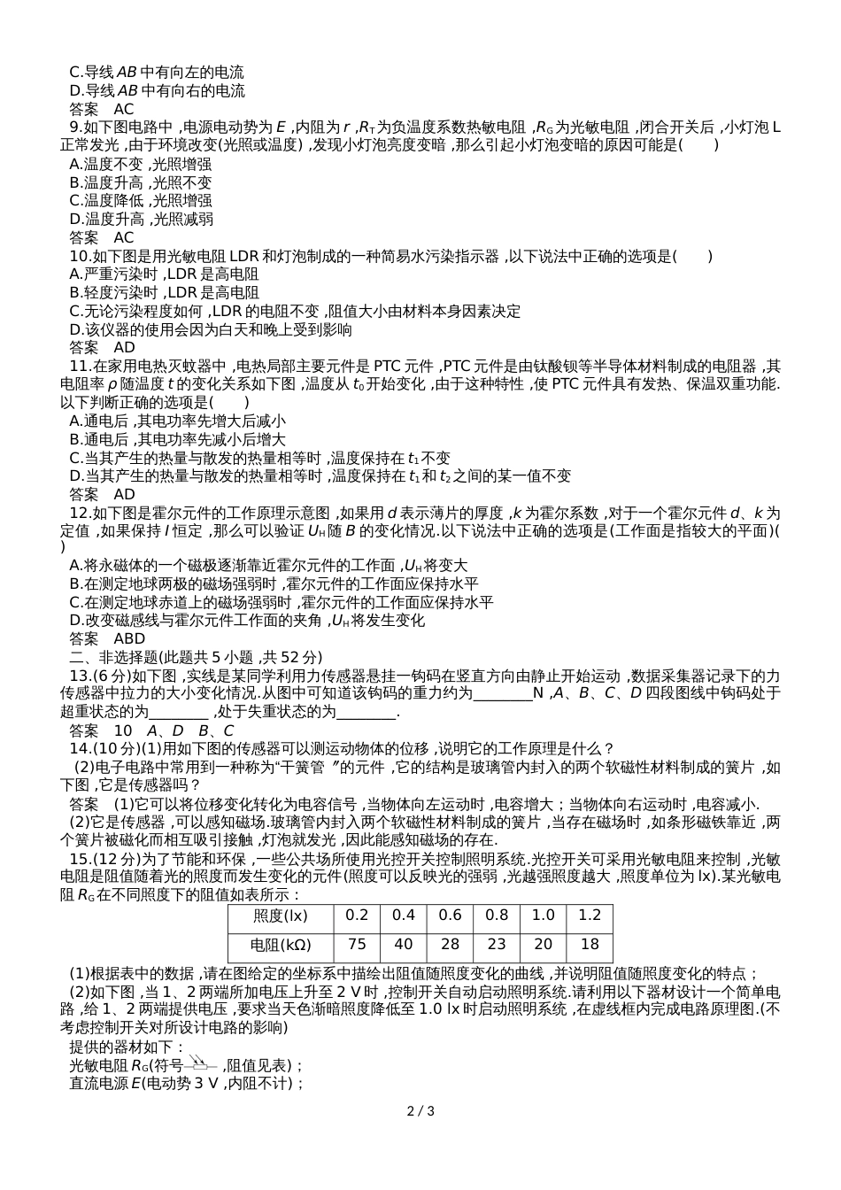 高二物理（人教版）选修32单元练习卷：第六章 传感器_第2页
