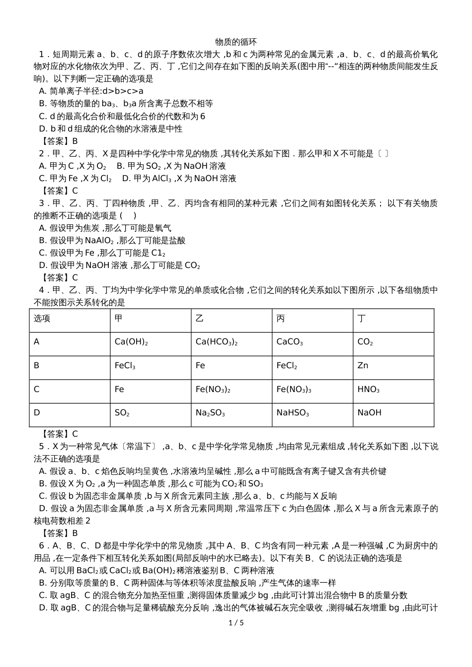 高考化学物质的循环转换专题选择题练习卷_第1页