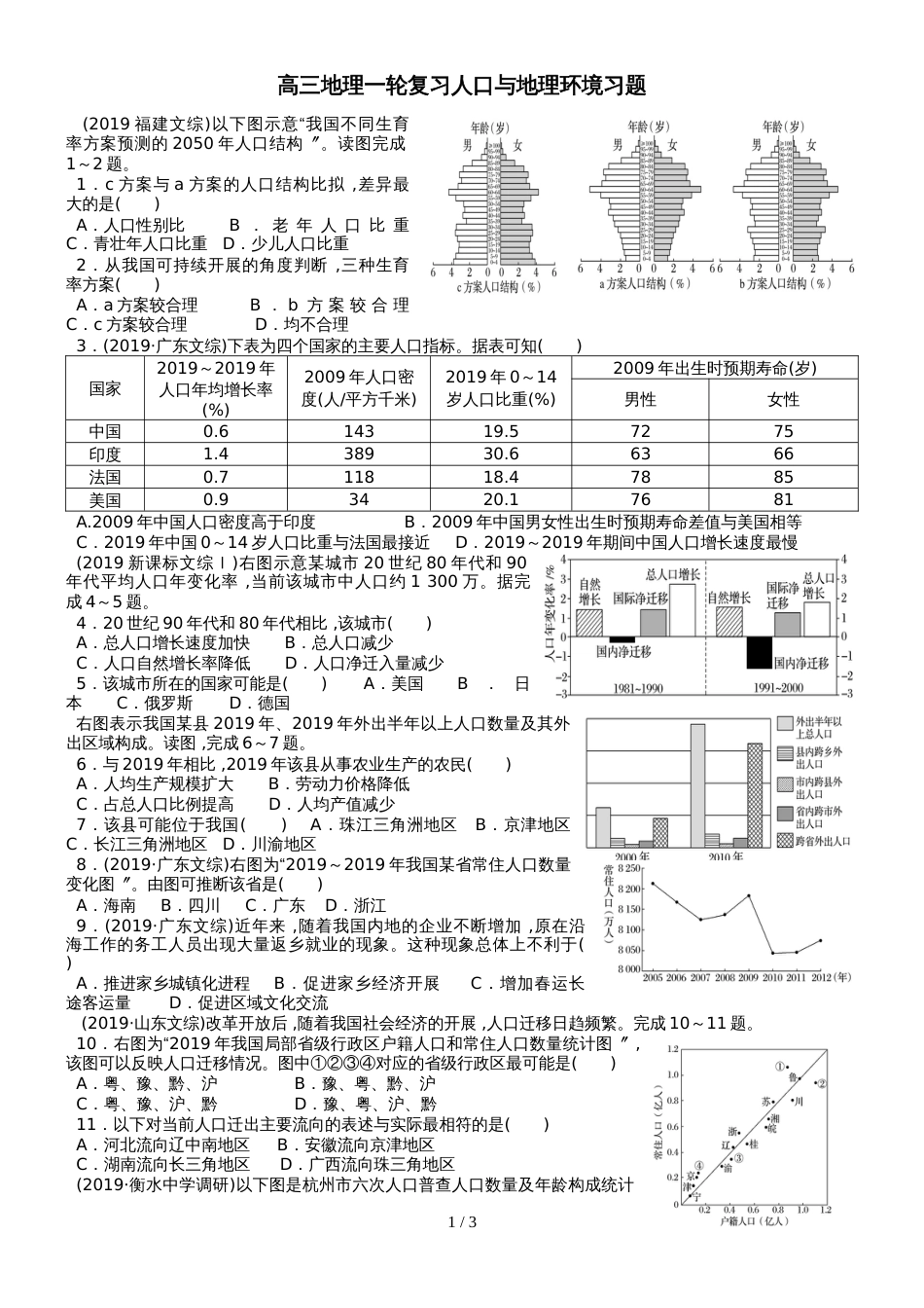 高考高三地理一轮复习人口与地理环境习题（详细解析）_第1页