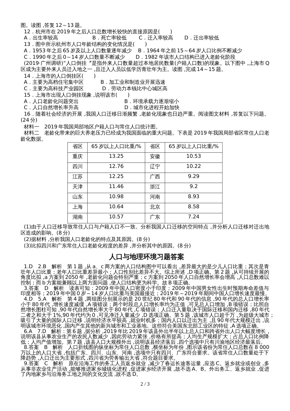 高考高三地理一轮复习人口与地理环境习题（详细解析）_第2页