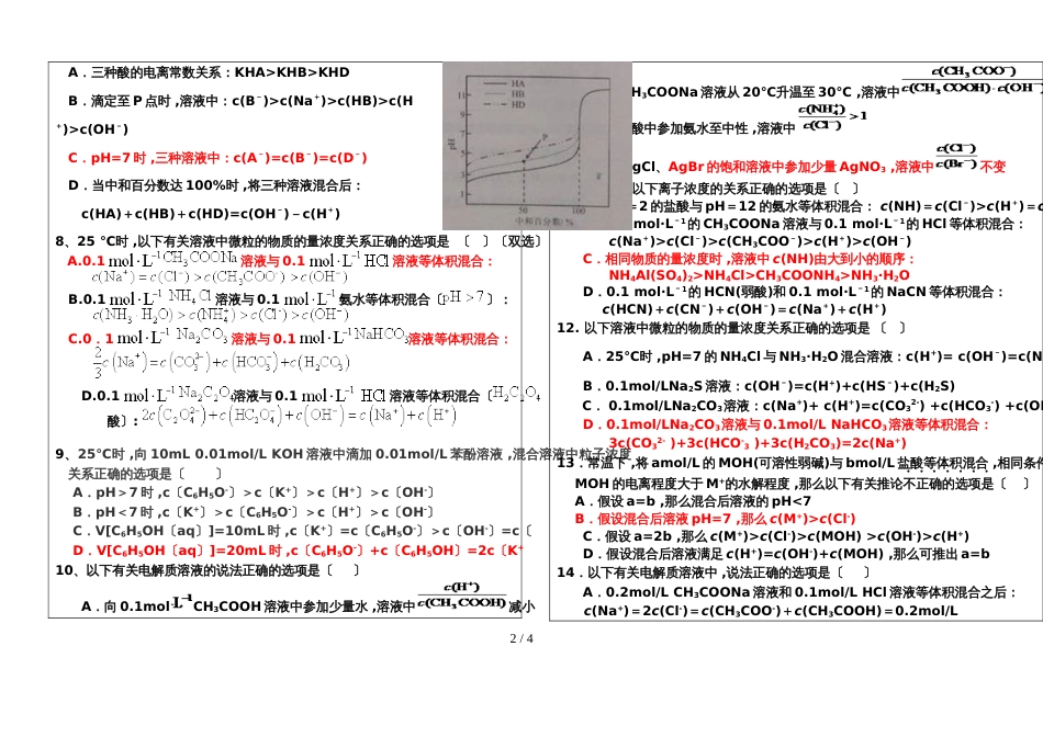 高三一轮复习人教版化学选修4盐类水解综合应用单元测试卷答案不全_第2页